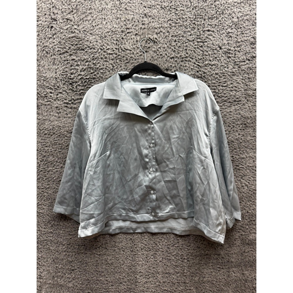 House Of Lancry Satin Relax Fit Cropped Button-Down Shirt Silver Women Size M